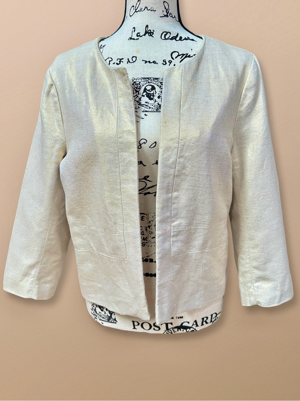 PROMOD Women’s Dressy Blazer Open Front Light Beige Gold Thread Size M